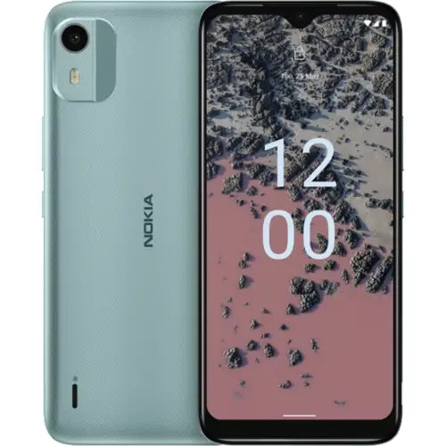 Nokia C12 Pro smartphone in green color with the screen displaying the time.