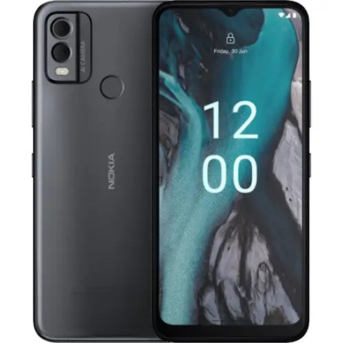 Nokia C22 smartphone in black color with dual rear cameras and a display showing the time.