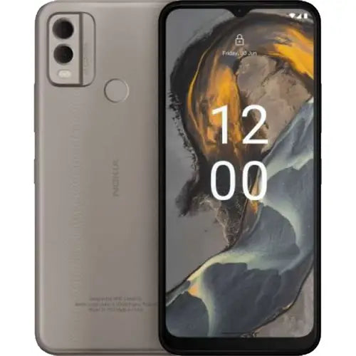 Nokia C22 smartphone in Sand color with dual rear cameras and a display showing the time.