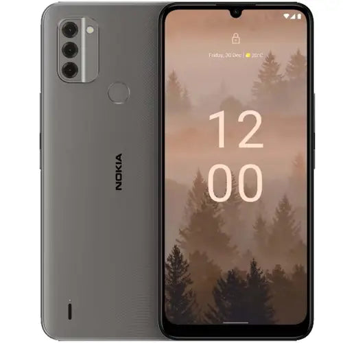 Nokia C31 smartphone in charcoal color with a display showing the time and date, and a camera module visible on the back.