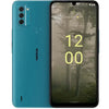 Nokia C31 smartphone in cyan color with a display showing the time and date, and a camera module visible on the back.