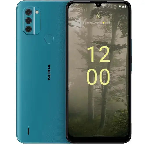 Nokia C31 smartphone in cyan color with a display showing the time and date, and a camera module visible on the back.
