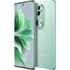 An Oppo Reno 11 5G smartphone in wave green color, showing the front screen and back camera and brand logo.