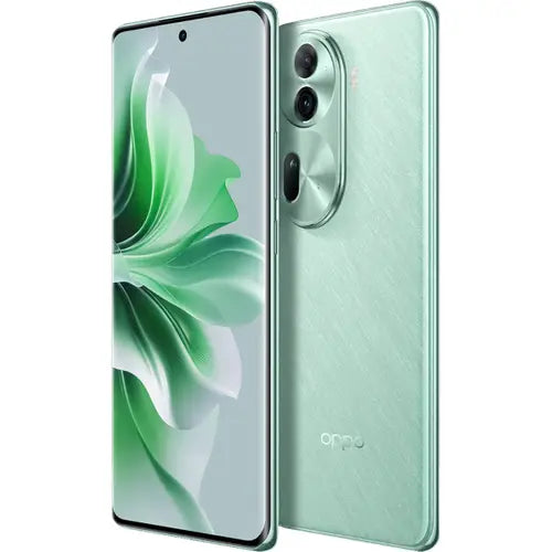 An Oppo Reno 11 5G smartphone in wave green color, showing the front screen and back camera and brand logo.