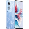 OPPO Reno 11F smartphone in ocean blue color, showing the front screen and rear camera setup.