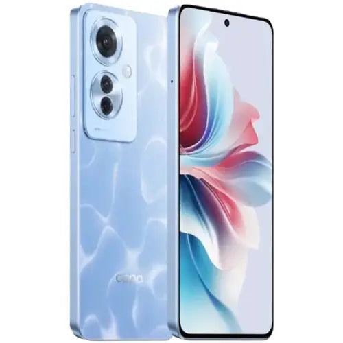 OPPO Reno 11F smartphone in ocean blue color, showing the front screen and rear camera setup.