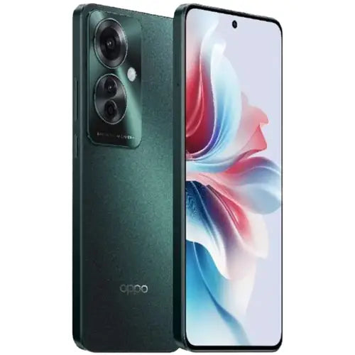 OPPO Reno 11F smartphone in palm green color, showing the front screen and rear camera setup.