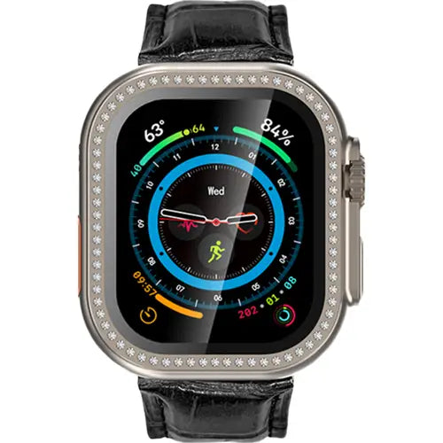 Oale Smartwatch with a black leather strap and silver case on a white background