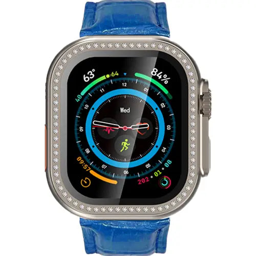 Oale Smartwatch with a blue strap and decorative case on a white background