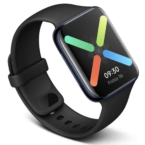 Black oppo watch 46mm smartwatch with a colorful display on a white background