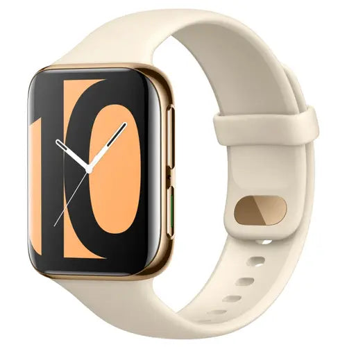 oppo Smartwatch with a beige strap on a white background