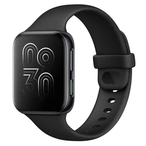 Black OPPO Watch (41mm) with a strap on a white background