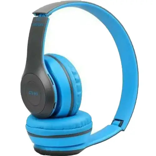 A pair of P47 Wireless Bluetooth Stereo Headphones with blue and black color scheme.