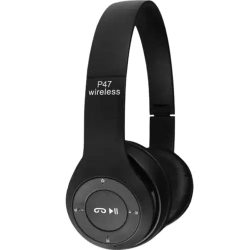 A pair of P47 wireless Bluetooth stereo headphones with black color.