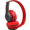 A pair of P47 wireless Bluetooth stereo headphones with red and black color scheme.