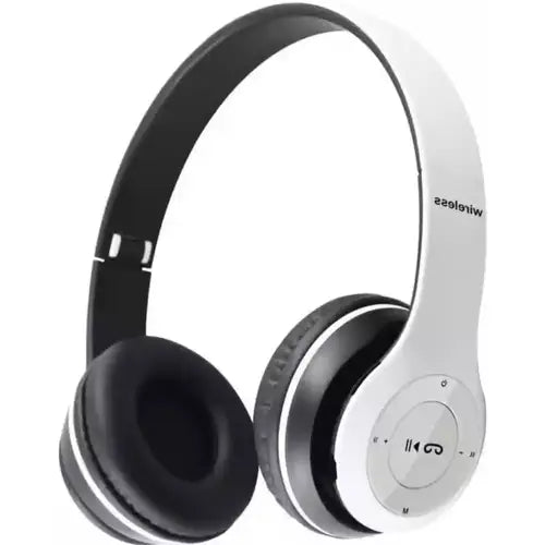A pair of wireless Bluetooth stereo headphones with white and black color scheme.