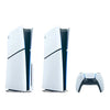 PlayStation 5 Slim Disc Edition 1TB gaming console of white colour with a matching wireless controller in white and black colors.