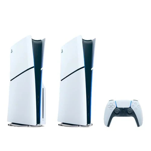 PlayStation 5 Slim Disc Edition 1TB gaming console of white colour with a matching wireless controller in white and black colors.