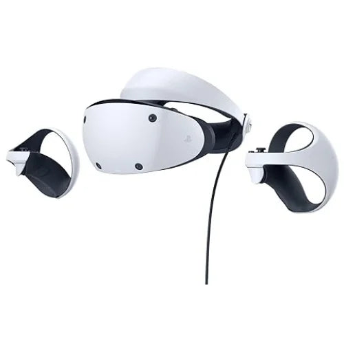 White PlayStation VR 2 headset with controllers on a white background