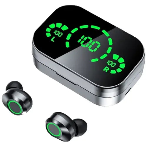 A pair of portable true wireless earbuds with a charging case, displayed with a digital battery indicator in green Portable True Wireless Earbuds (YD03)