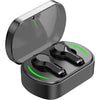 A pair of Q25 Pro TWS Wireless Earbuds black wireless earbuds in a charging case with LED light accents.