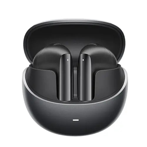 A pair of black QCY AilyBuds Pro Plus ANC Earbuds in an open charging case.