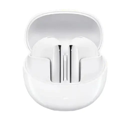 A pair of white QCY AilyBuds Pro Plus ANC Earbuds in an open charging case.