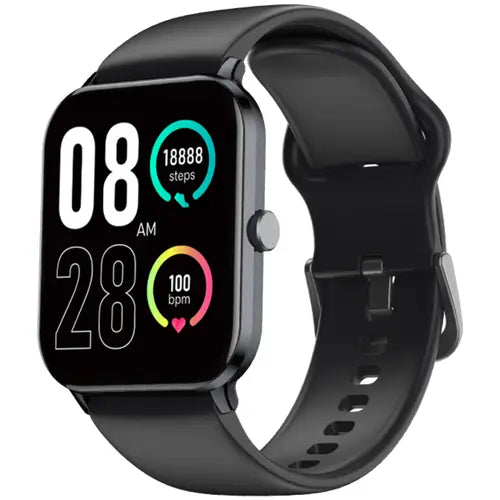 QCY GTC Black smartwatch with a digital display on a white background
