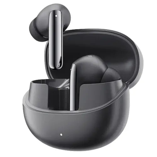 A pair of black QCY MeloBuds Pro earphones placed inside an open charging case.