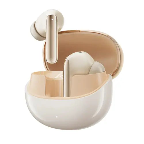 A pair of skin QCY MeloBuds Pro earphones placed inside an open charging case.