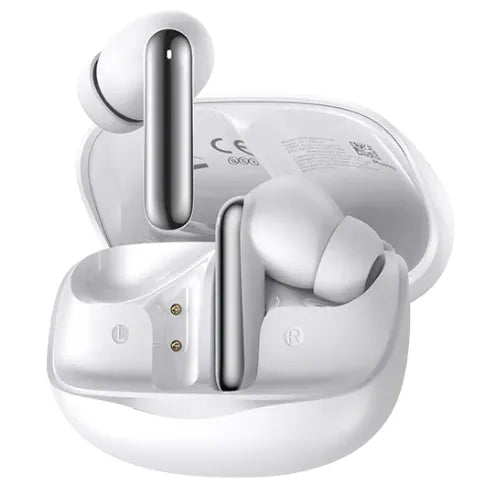 White QCY Melobuds N50 ANC Earbuds with charging case on a white background