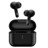 A pair of black QCY T10 wireless earbuds in an open charging case.