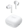 A pair of white QCY T13 ANC in-ear wireless headphones with a charging case.