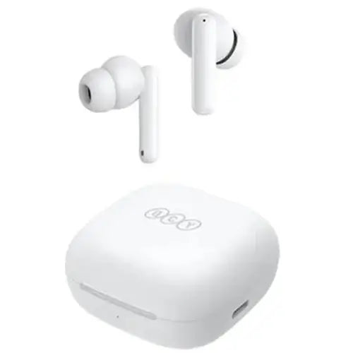 A pair of white QCY T13 ANC in-ear wireless headphones with a charging case.