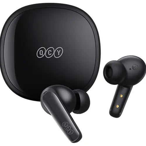 A pair of black QCY T13X TWS Earbuds Bluetooth Earphone with a charging case.