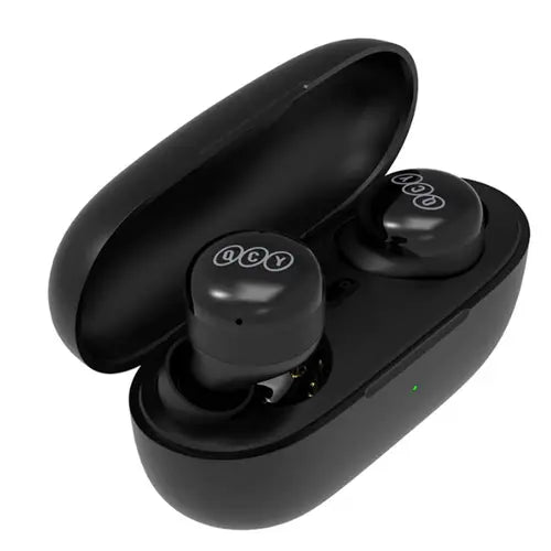 Black QCY T17 Wireless Earbuds in a black charging case on a white background.