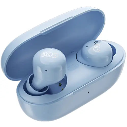 A pair of blue QCY T17 Wireless Earbuds in their open charging case.