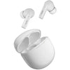 A pair of white QCY T18 MeloBuds in-ear headphones with a charging case open on a white background.