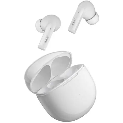 A pair of white QCY T18 MeloBuds in-ear headphones with a charging case open on a white background.