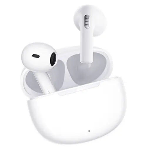 A pair of white QCY T20 AilyPods in a charging case