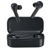 A pair of black QCY T5 True Wireless Earbuds inside an open charging case, with one earbud partially removed from the case.