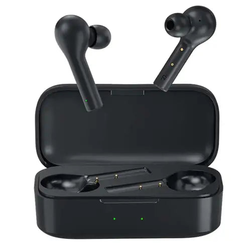 A pair of black QCY T5 True Wireless Earbuds inside an open charging case, with one earbud partially removed from the case.