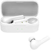 A pair of white QCY T5 True Wireless Earbuds inside an open charging case, with one earbud partially removed from the case.