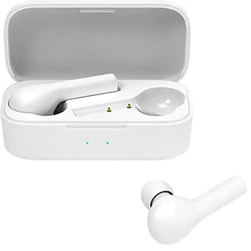 A pair of white QCY T5 True Wireless Earbuds inside an open charging case, with one earbud partially removed from the case.