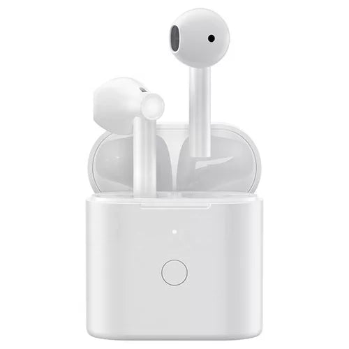 A pair of white QCY T7 true wireless earbuds in their charging case.