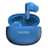 blue wireless earbuds with the brand name displayed on the earbud and the charging case.