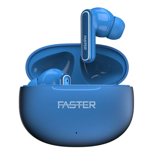 blue wireless earbuds with the brand name displayed on the earbud and the charging case.