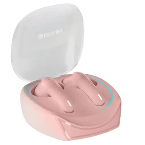 Pink and white electronic device with cover on white background