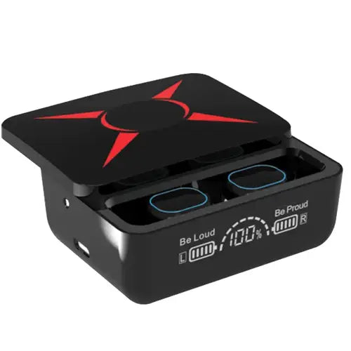 A pair of wireless Bluetooth earbuds in black color with a charging case, featuring a red star design on top. R19 Pro TWS Wireless Bluetooth Earbuds