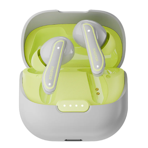 A pair of gray and orange earbuds in an open charging case.